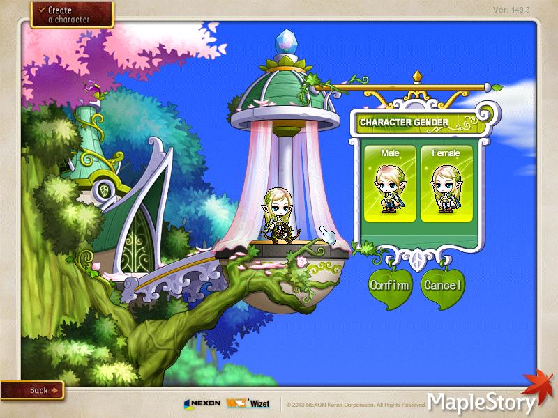 MapleStory (Windows) screenshot: Creating New Character - Mercedes Gender Selection