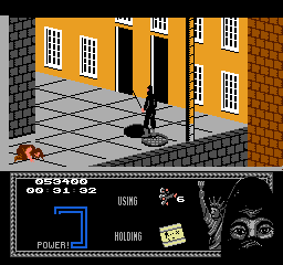 Last Ninja 2: Back with a Vengeance (NES) screenshot: Level 2, "The Street": Passage to "The Sewers".
