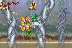 Disney's Magical Quest 3 starring Mickey & Donald (Game Boy Advance) screenshot: "Booty bump" your enemies while hanging.