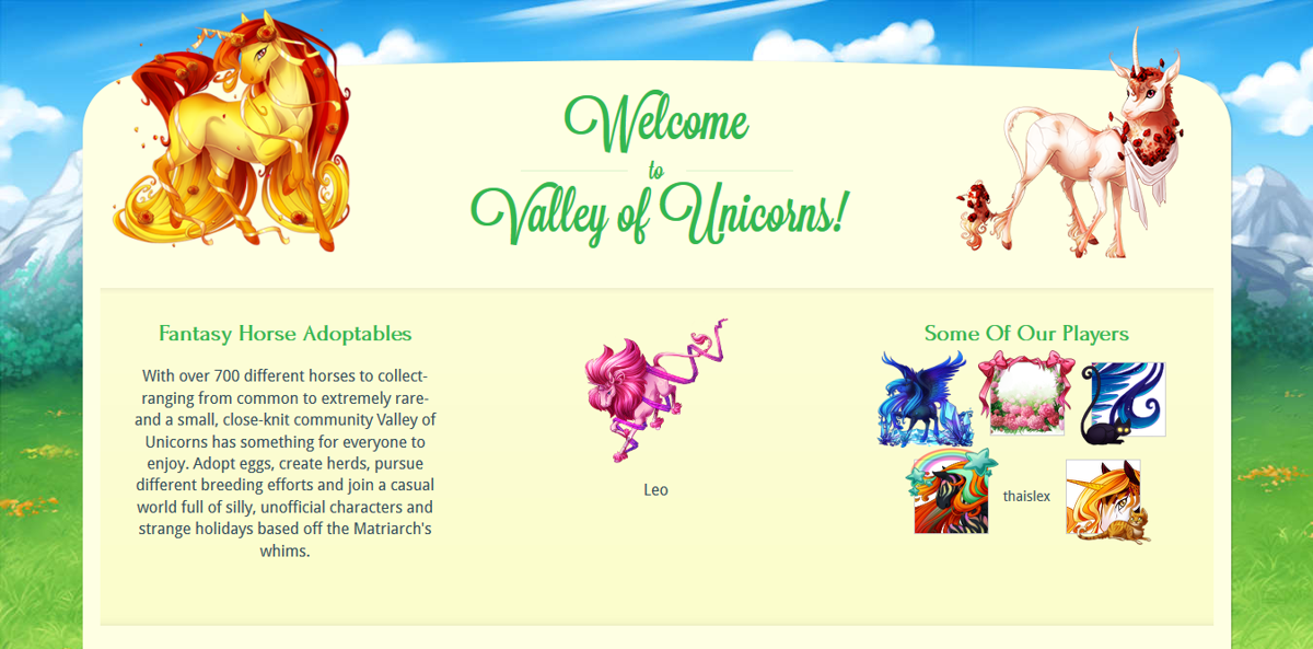 Valley of Unicorns (Browser) screenshot: The site's homepage.