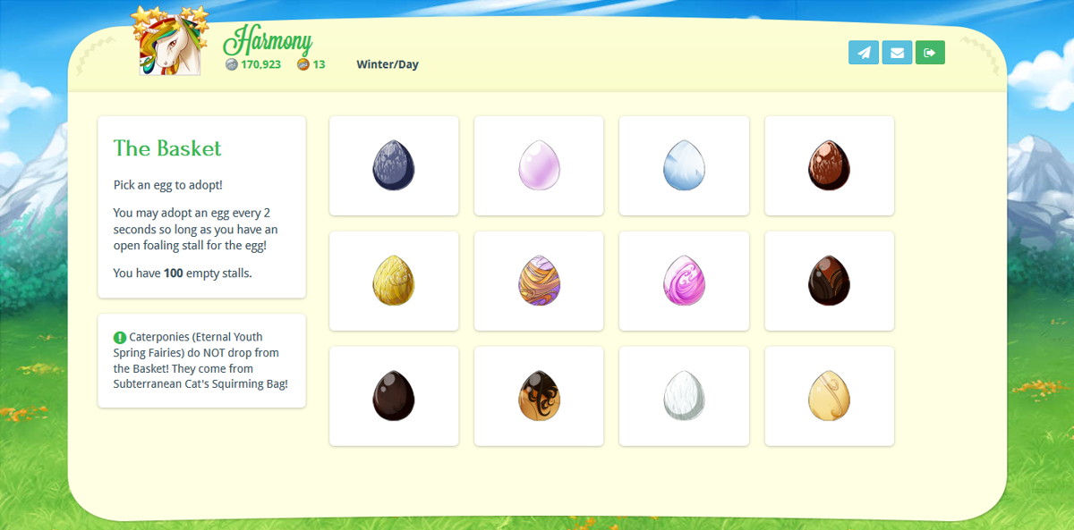 Valley of Unicorns (Browser) screenshot: Yes, horses lay eggs in the Valley. Pick one to adopt!