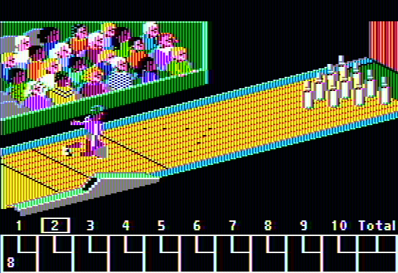 Read 'N Roll (Apple II) screenshot: Ball being launched (Strike 'N Spares)