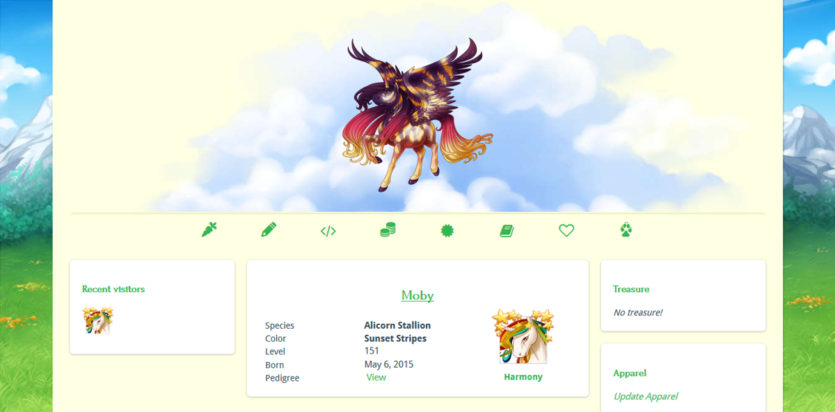 Valley of Unicorns (Browser) screenshot: A horse's page details basic information and provides management options for its owner.