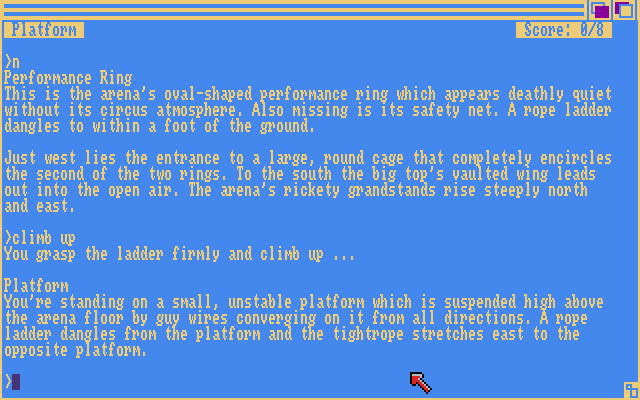 Ballyhoo (Amiga) screenshot: Standing on an unstable platform. Colors are derived from Workbench Preferences, so they can be changed according to a user's taste.