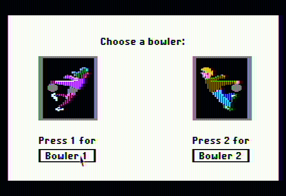 Read 'N Roll (Apple II) screenshot: Bowler selection (Strike 'N Spares)
