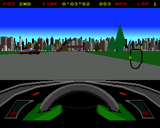 Leading Lap MPV (Amiga) screenshot: Red car takes the lead