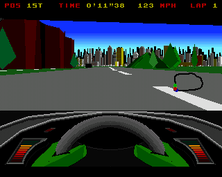 Leading Lap MPV (Amiga) screenshot: The scenery is a bit more detailed in the AGA version