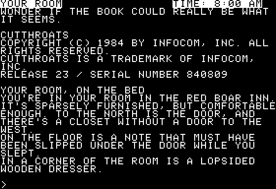 Cutthroats (Apple II) screenshot: Starting location (40-column mode)