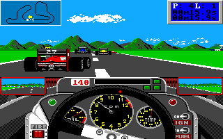 Grand Prix Circuit (Amiga) screenshot: Trying to overtake the Ferrari.