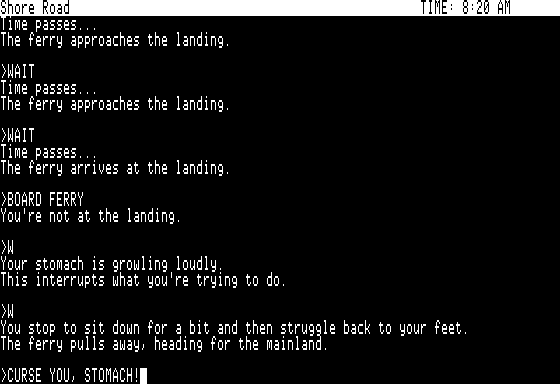 Cutthroats (Apple II) screenshot: Left unchecked, the hunger daemon interferes with your actions