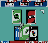 Uno (Game Boy Color) screenshot: Seems like one player got rid of all her cards