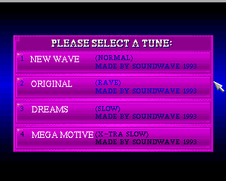 Mega Motion (Amiga) screenshot: Before starting you get to choose a tune