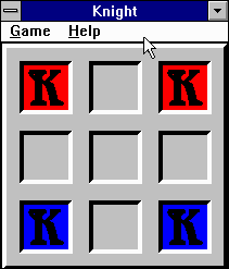 Brain Games For Windows (Windows 3.x) screenshot: Knight's only puzzle. You have to move the Red Ks below and the Blue Ks to the top.
