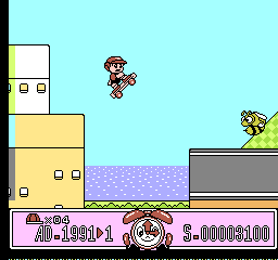 Time Zone (NES) screenshot: After collecting enough bells, you can skateboard like Wonderboy