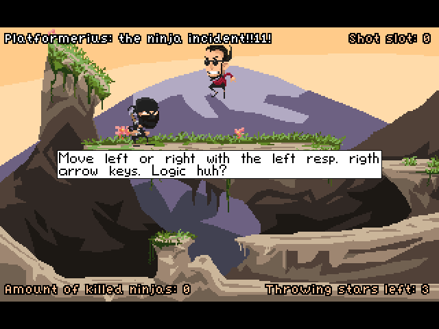 Platformerius: The Ninja Incident (Windows) screenshot: Start screen with explanation of game controls