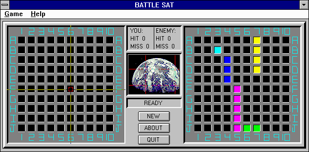 Brain Games For Windows (Windows 3.x) screenshot: Battle Sat is Battleship in Space! My playfield's on the right.