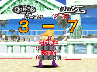 Chō Sentō Kyūgi Van Borg (PlayStation) screenshot: I lost the 1st set. I'm losing money.