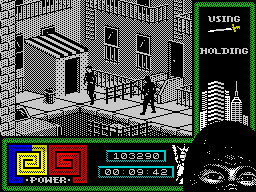 Last Ninja 2: Back with a Vengeance (ZX Spectrum) screenshot: Level 2, "The Streets": The manhole key.