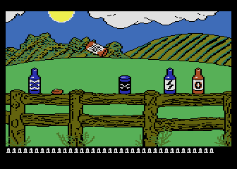 Barnyard Blaster (Atari 8-bit) screenshot: A can goes flying!