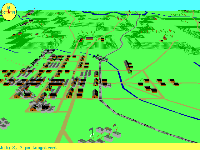 Gettysburg (DOS) screenshot: Downtown Gettysburgh, here in Confederate hands.