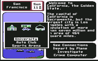 Where in the U.S.A. Is Carmen Sandiego? (Commodore 64) screenshot: Where do you want to investigate? The university, Auto club, or Sports Arena?
