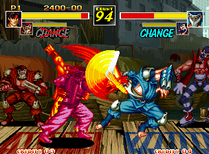 Kizuna Encounter: Super Tag Battle (Neo Geo) screenshot: Hayate successfully hit-damaging Mezu with one of his boomerang techniques: the Nendou Hikon attack.