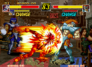 Kizuna Encounter: Super Tag Battle (Neo Geo) screenshot: Through the accuracy of his Roller Dash attack, Joker gets to connect his first hit in King Lion...