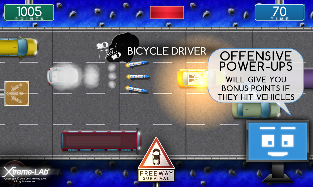 Freeway Survival (Windows Phone) screenshot: Offensive power-ups will give you bonus points ifthey hit vehicles!