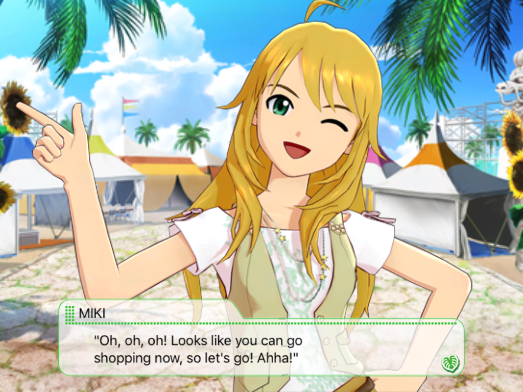 The iDOLM@STER: Shiny Festa - Melodic Disc (iPad) screenshot: Miki suggests I go shopping.