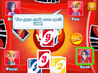 Uno & Friends (J2ME) screenshot: Some trash talk from the opponent