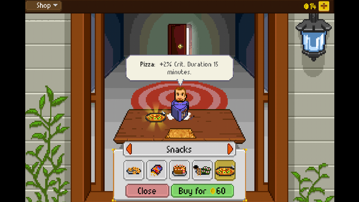Knights of Pen & Paper + 1 Edition (Android) screenshot: The shop offers a selection of snacks and room decorations for roleplayers who sit at the table and play RPG