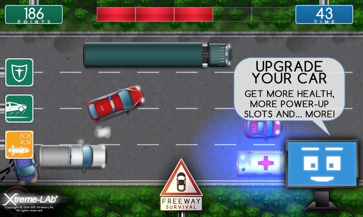 Freeway Survival (Windows Phone) screenshot: Upgrade your car get more health, more power-up slots and... more!