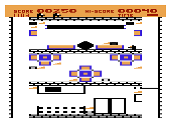 Rat Hotel (VIC-20) screenshot: Although it looks quiet, the guard will soon come after in the elevator