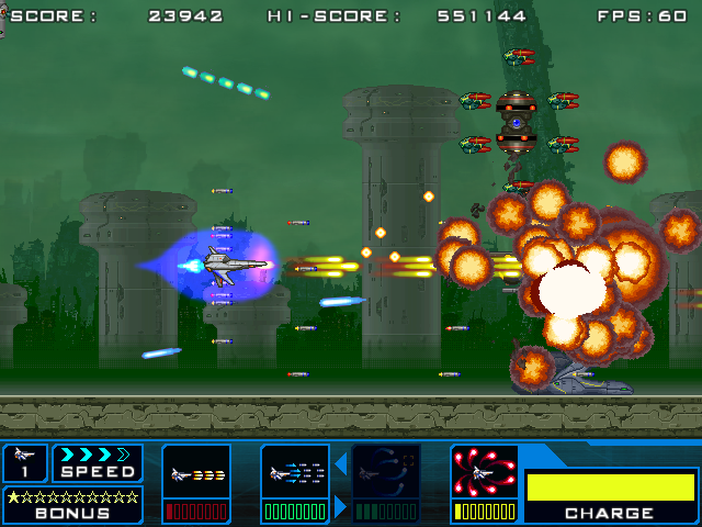 Satazius (Windows) screenshot: Dodging some incoming fire as I take out some enemies with missiles