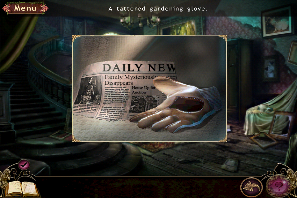 Otherworld: Spring of Shadows (Collector's Edition) (iPhone) screenshot: Looking at a tattered gardening glove and newspaper clipping