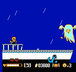 Mitsume ga Tōru (NES) screenshot: The fourth boss is a big ghost