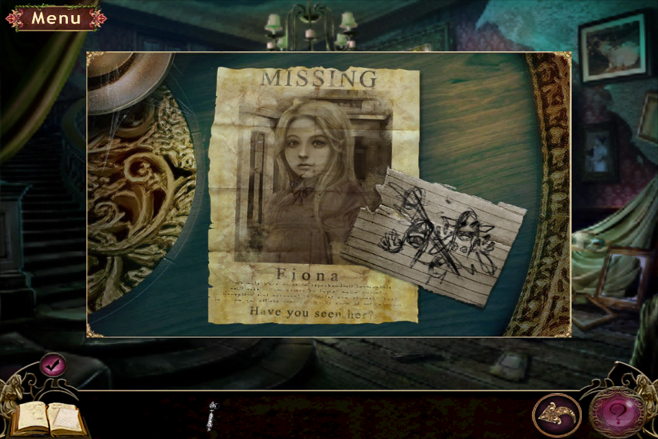 Otherworld: Spring of Shadows (Collector's Edition) (iPhone) screenshot: I have picked up a door handle. Looking at the missing girl poster.