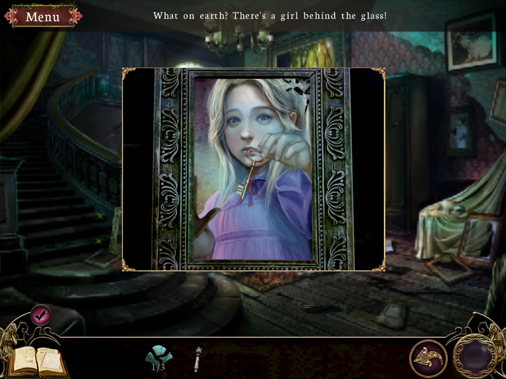 Otherworld: Spring of Shadows (Collector's Edition) (iPad) screenshot: The missing girl is located behind the glass of a portrait. She is trying to give me a key.