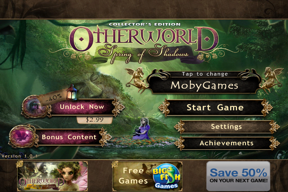 Otherworld: Spring of Shadows (Collector's Edition) (iPhone) screenshot: Title and main menu