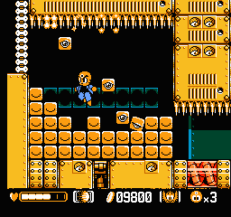 Mitsume ga Tōru (NES) screenshot: The door is sealed and these thing try to make you hit the spiky ceiling