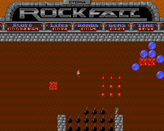 Rockfall (Acorn 32-bit) screenshot: Trying to kill a monster with bombs, misses