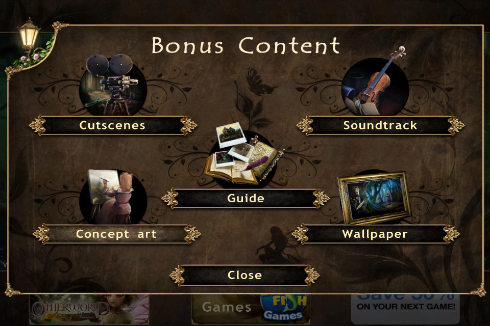 Otherworld: Spring of Shadows (Collector's Edition) (iPhone) screenshot: Bonus content menu