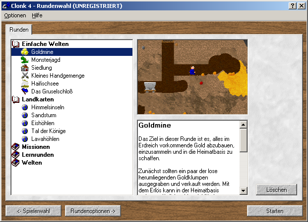 Clonk 4 (Windows) screenshot: Choosing a level.