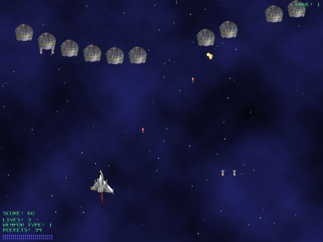 AstroRaid (Windows) screenshot: Wave 1, some tough metal ships