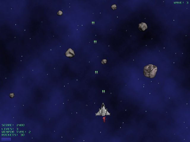 AstroRaid (Windows) screenshot: Wave 3 begins in an asteroid field