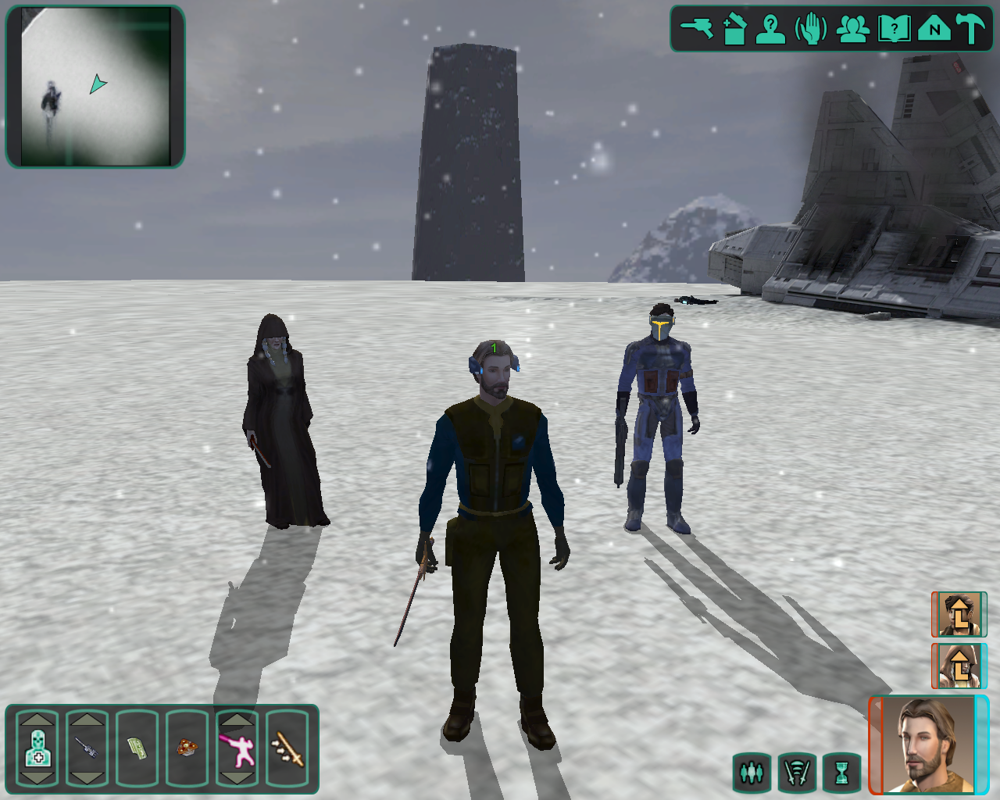 Star Wars: Knights of the Old Republic II - The Sith Lords (Windows) screenshot: Exploring a snowy planet surface. My party is posing for the camera. I feel so cold that I... regenerate health?..
