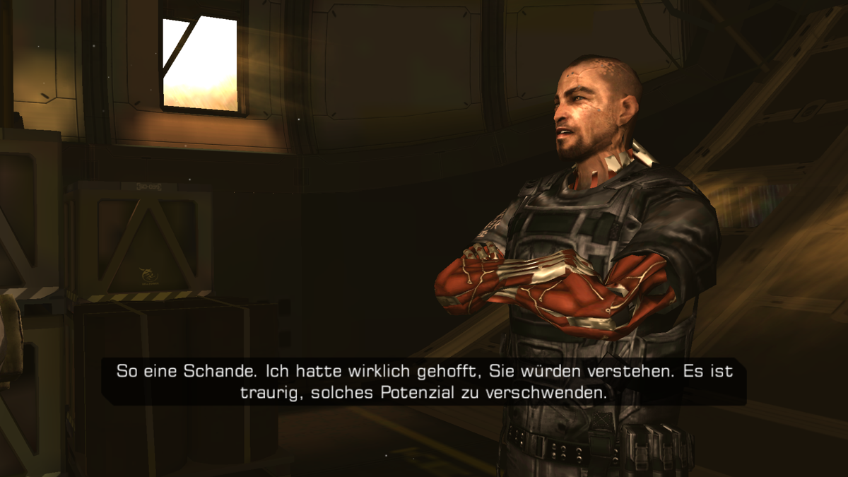 Deus Ex: The Fall (Android) screenshot: It is no secret that Saxon was a member of the tyrants (for a short time).