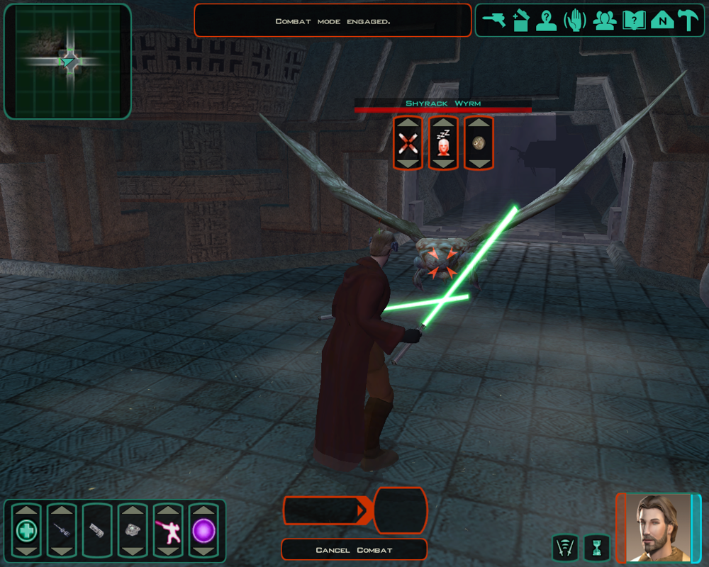 Star Wars: Knights of the Old Republic II - The Sith Lords (Windows) screenshot: Few RPGs are complete without some ancient temples or such. Here, you fight an impressive aerial foe