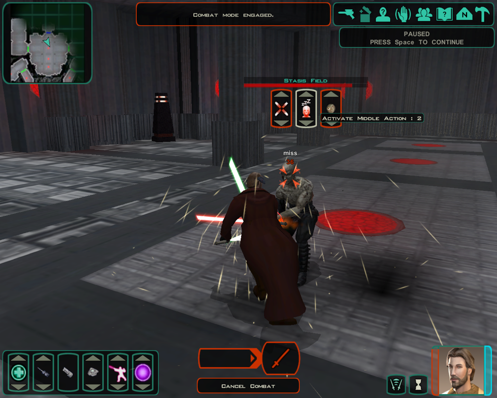 Star Wars: Knights of the Old Republic II - The Sith Lords (Windows) screenshot: A decisive battle late in the game. Choose your options wisely!..