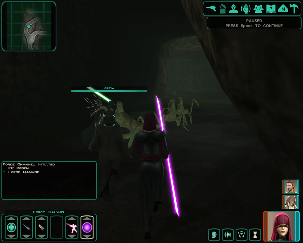 Star Wars: Knights of the Old Republic II - The Sith Lords (Windows) screenshot: Battle in a dark cave, with cool colored lightsabers!..